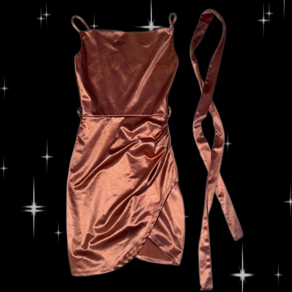 Honey and Rosie Asymmetrical Satin Dress in Copper